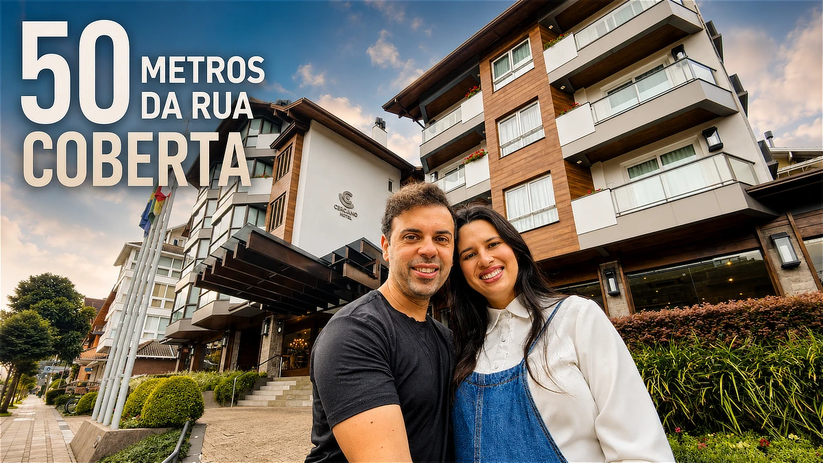 Alessandra e Francisco do Aventurando Tchê na frente do hotel Cercano em Gramado